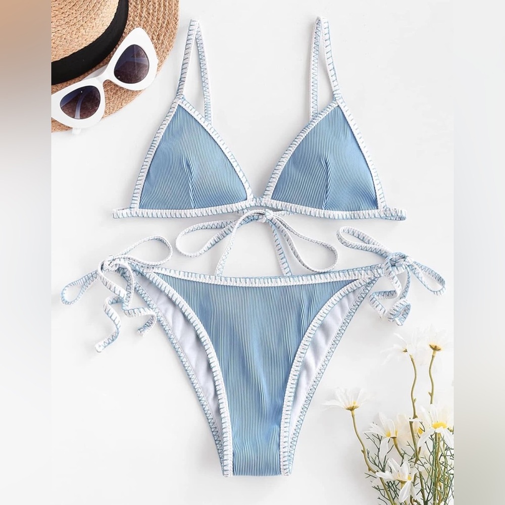 Blue and White Striped Bikini Set
